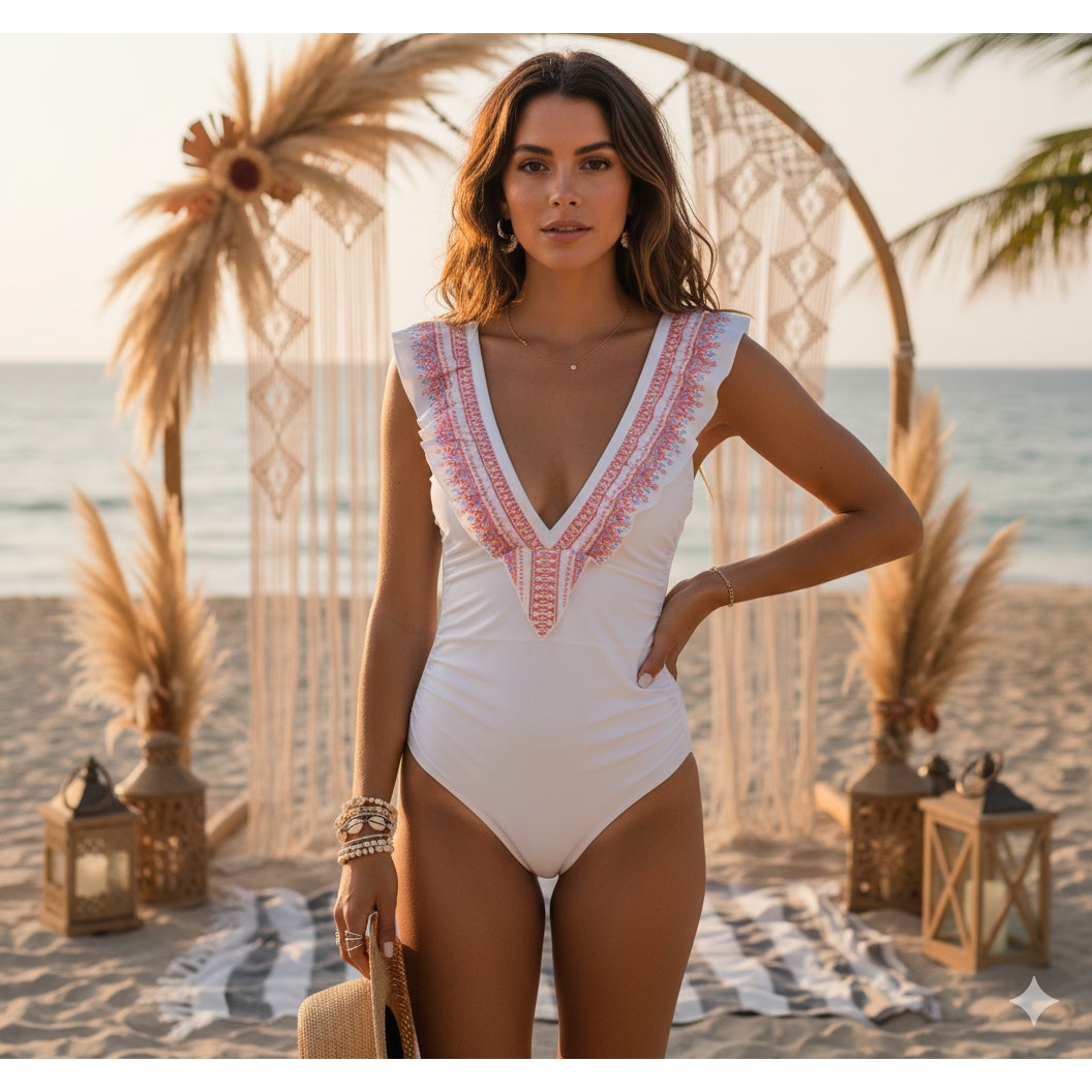 New Ramy Brook White Embroidered V-Neck One-Piece Swimsuit Size S